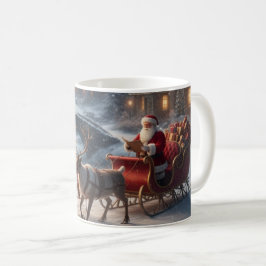 Tomtens släde renar snöig julbygd mugg