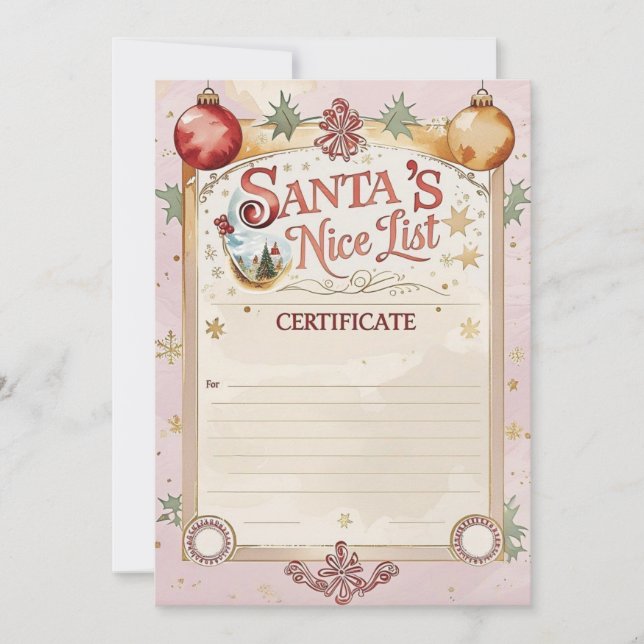 Tomtens snälla lista-certifikat | Pastellrosa & Gu Inbjudningar (Framsida)