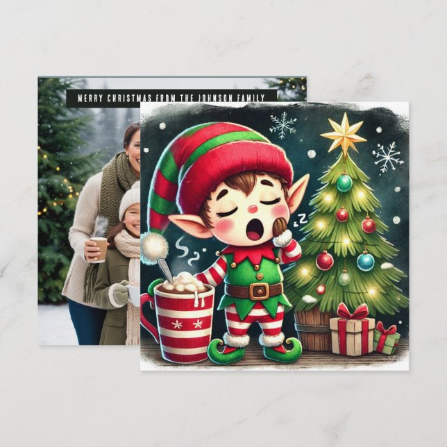 Tomtens Sömnig Helper Spipande på gåvor Julkort (Fram/baksida)