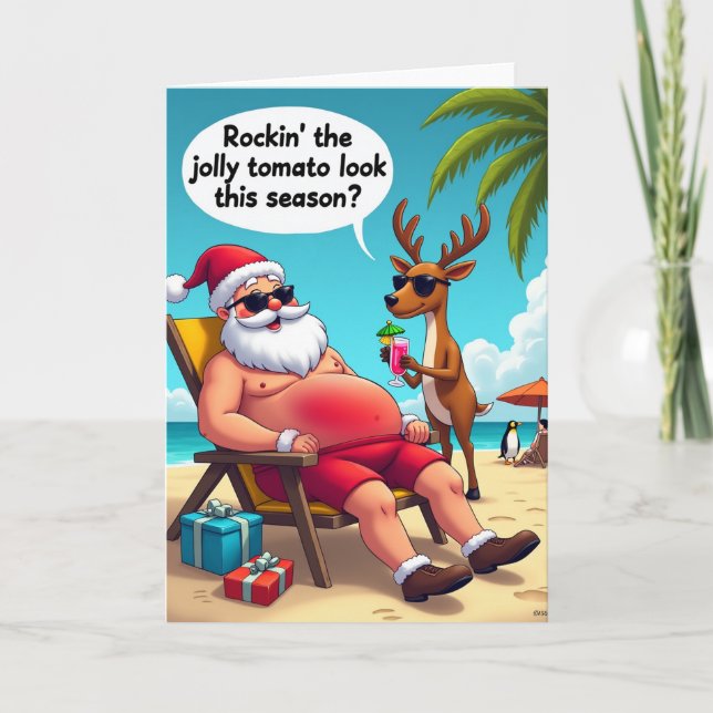 Tomtens stranddag rolig julkort kort (Framsida)