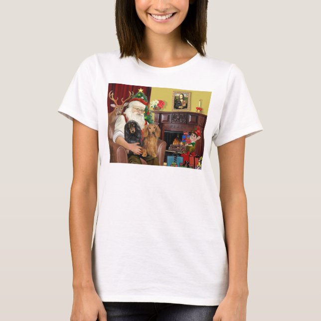 Tomtens Två Långhåriga Dachshundar T Shirt (Framsida)