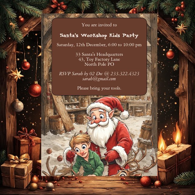 Tomtes Verkstad Barn Julfirande Nordpolen  Inbjudningar (Santa’s Workshop Kids North Pole Christmas Party Invitation)