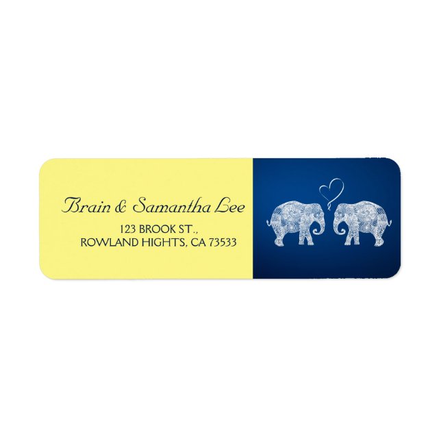 TON KÄRLEK | Elefant Bröllop Blue & Gult Returadress Etikett (Framsidan)