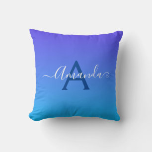 Tonad blå elegant Monogram och namn Kudde