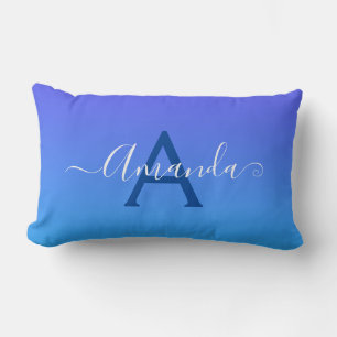 Tonad blå elegant Monogram och namn Lumbarkudde