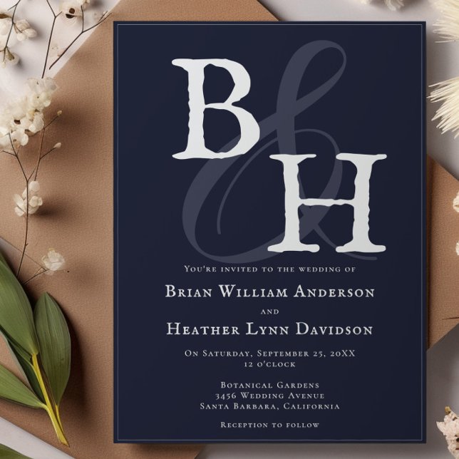 Tonaktig, minimalistisk Monogram Bröllop Inbjudningar (Navy Blue Minimalist Monogram Wedding Invitation)