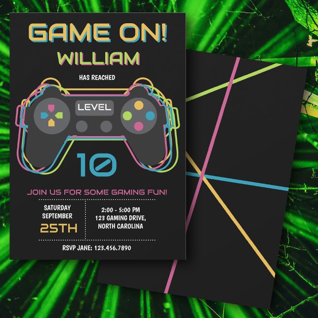 Tonåring Gaming Spelare Videospel Spelare Neon Föd Inbjudningar (Teen Gaming Gamer Video Game Player Neon Birthday Invitation)