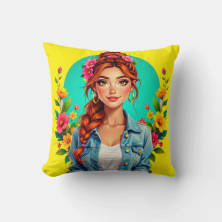 Tonåring Girl Aesthetic - Blommigt Tecknad Porträt Kudde