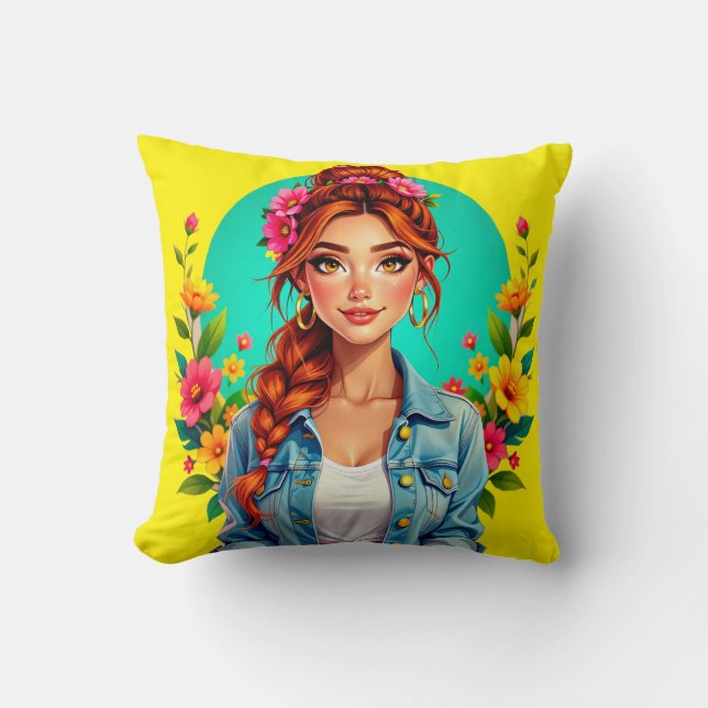 Tonåring Girl Aesthetic - Blommigt Tecknad Porträt Kudde (Framsida)