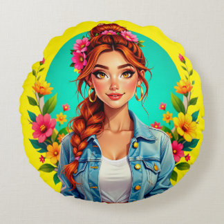 Tonåring Girl Aesthetic - Blommigt Tecknad Porträt Rund Kudde