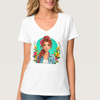 Tonåring Girl Aesthetic - Blommigt Tecknad Porträt T Shirt
