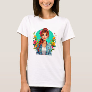 Tonåring Girl Aesthetic - Blommigt Tecknad Porträt T Shirt