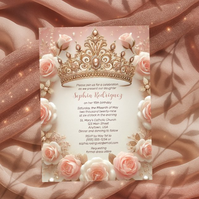 Tonåring Girl Elegant  Ro Krona Quinceañera Inbjudningar (Teen Girl Elegant Blush Roses Crown Quinceañera Invitation)