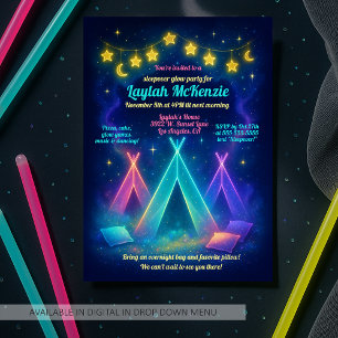 Tonåring Girl Glow Party Neon Teepee Slumber Party Inbjudningar