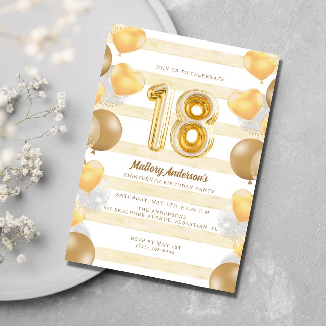 Tonåring Girl Guld Balloon 18:e Födelsedagsfesten Inbjudningar (Teen Girl Gold Balloon 18th Birthday Party Invitation)