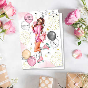 Tonåring Girl Rollers Balloons Grattis på födelsed Helgkort