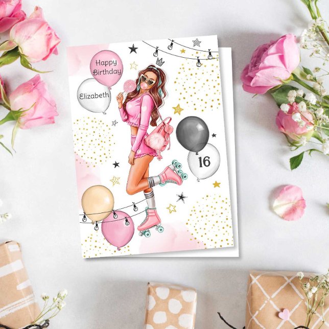 Tonåring Girl Rollers Balloons Grattis på födelsed Helgkort (Skapare uppladdad)