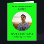 Tonåring Grandson Photo 14th BIG Birthday Card Kort<br><div class="desc">Tonåring Grandson Photo 14th BIG Birthday Card från Grandma och Grandpa. Ge det till din bästa namn, som mormor, mormor, morfar. Tonåringen födelsedag! För 14 år. Alternativt kan du lägga till vilken Åldersdag som helst - 13:e, 15:e, 16:e, 17:e, 18:e Lägg till ditt eget foto i en ljus grönt runt...</div>