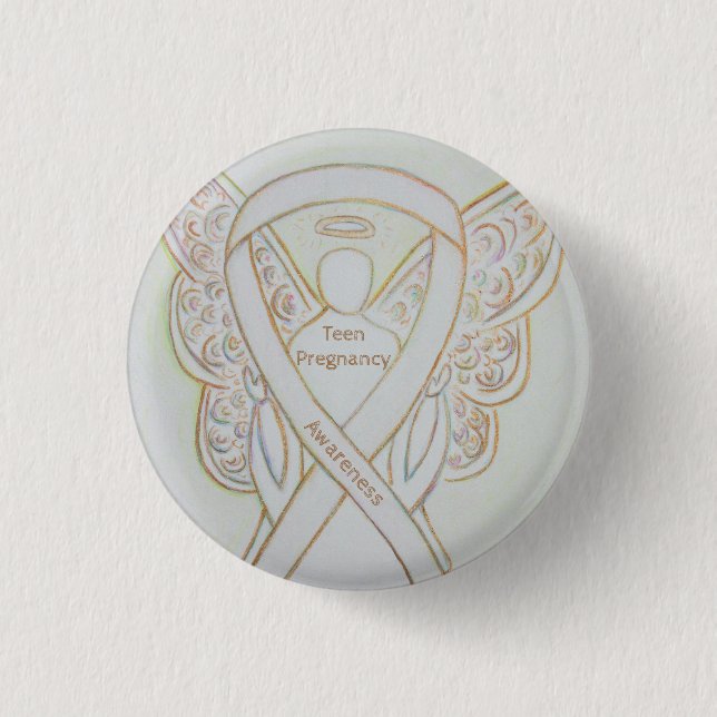 Tonåring Gravid Awareness White Ribbon Angel Pin Knapp (Framsida)