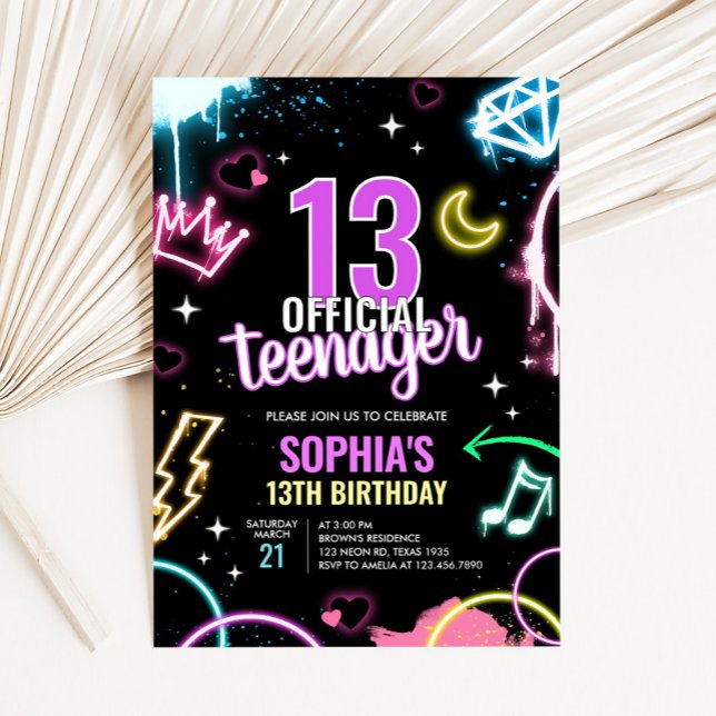 Tonåring Neon Trettonde Födelsedagsfesten Inbjudningar (Neon Teenager 13th Birthday Party Invitation)