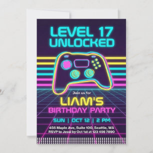 Tonåring Retro Neon Gamer Födelsedagsinbjudan för Inbjudningar