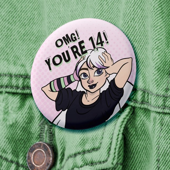 Tonåring Rosa Tecknad Punk 14:e födelsedagen Knapp (Pink birthday pin with cartoon punk girl and graffiti text says 'OMG! You're 14!)