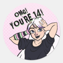 Tonåring Rosa Tecknad Punk 14:e födelsedagen Runt Klistermärke