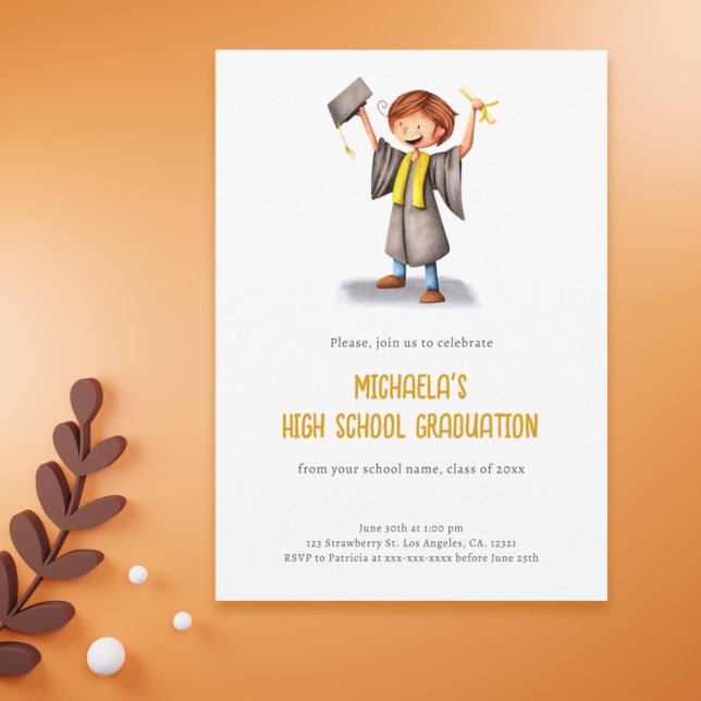 Tonåring Studentfest för bildskärm i högskolan Inbjudningar (Minimalist Illustrated High School Graduation Party Invitation)
