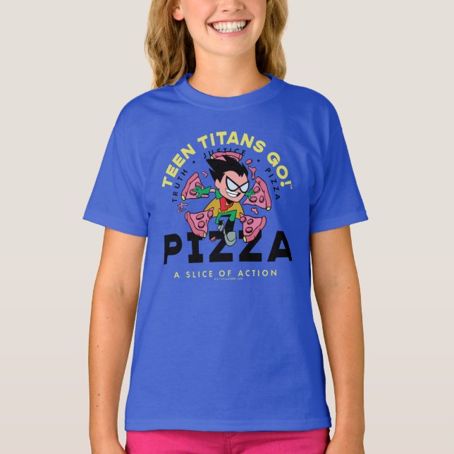 Tonåring Titans Go! Robin "Truth Justice Pizza" T Shirt (Framsida)