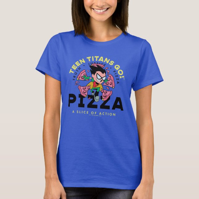 Tonåring Titans Go! Robin "Truth Justice Pizza" T Shirt (Framsida)