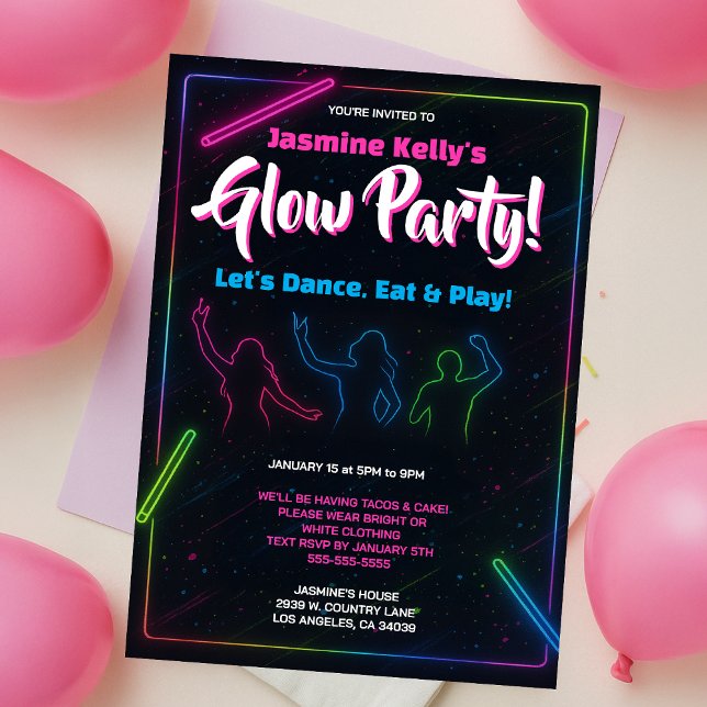 Tonåringar Neon Glow Party Silhouette Dance Inbjudningar (Skapare uppladdad)