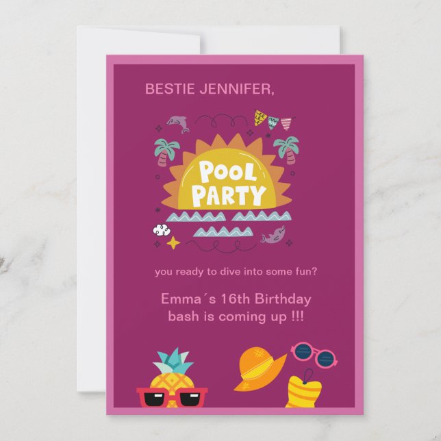 tonårsbestie rosa bassäng party stänk inbjudningar (Framsida)