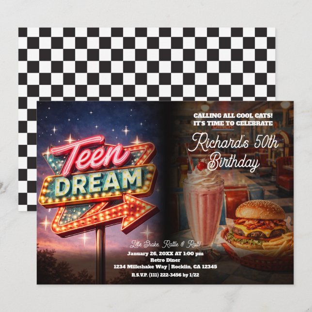 Tonårsdröm Retro 50-tals diner födelsedagsfest Inbjudningar (Fram/baksida)