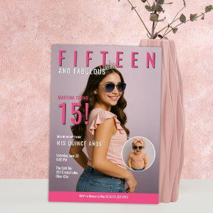 Tonårsfirande i magasinsstil Rosa Mis Quince Año Inbjudningar