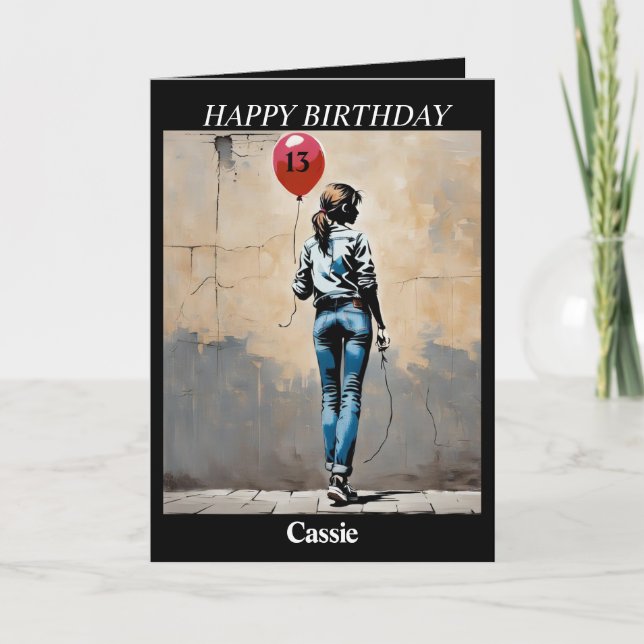 Tonårsflicka med rött ballong Banksy stil AI-kort Helgkort (Framsida)