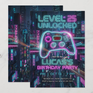 Tonårsgamingarfödelsedagsinbjudan Cyberpunk-spel Inbjudningar