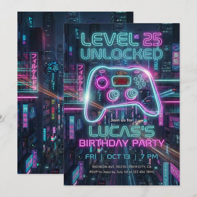 Tonårsgamingarfödelsedagsinbjudan Cyberpunk-spel  Inbjudningar (Fram/baksida)