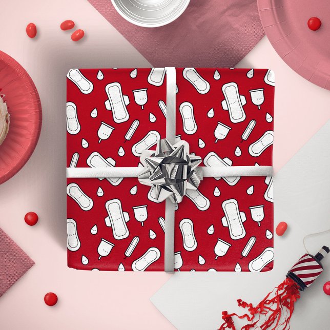 Tonårstjej Första Mensen Blodröd Mensskydd Presentpapper (Teen Girl First Period Blood Red Menses Pads Wrapping Paper)