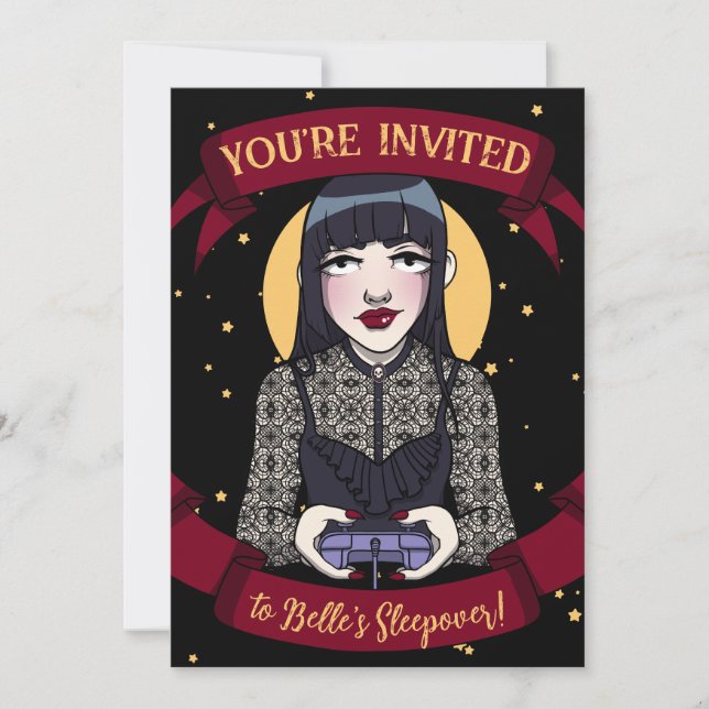 Tonårstjej Gothic Gamer Svart Röd Pyjamasparty Inbjudningar (Framsida)