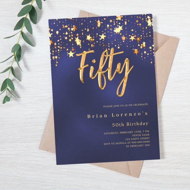 Tonblå guld-stjärnor 50 års lyxtid inbjudningar (Skapare uppladdad)