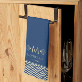 Tonblått & Guld Art Deco Japanska Fläkt anpassat Kökshandduk