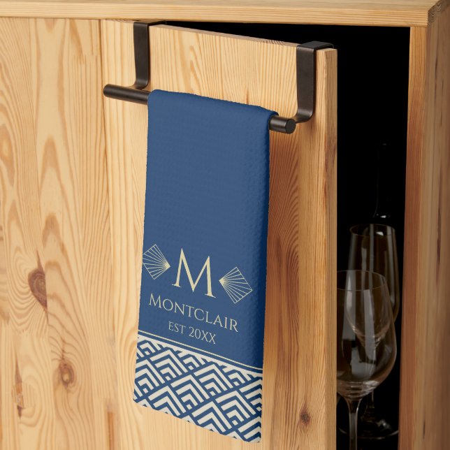 Tonblått & Guld Art Deco Japanska Fläkt anpassat Kökshandduk (Thirds Fold)