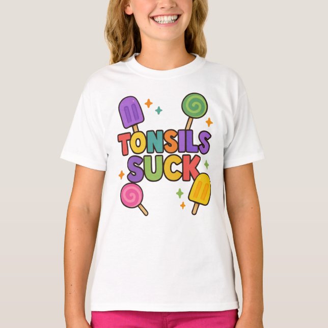 "Tonsils Suck" Funny Popsicle & Candy Recovery T Shirt (Framsida)