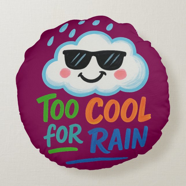 Too Cool for Rain | Cute Cloud Round Throw Pillow Rund Kudde (Baksidan)