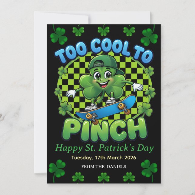 Too Cool to Pinch Skateboard Shamrock St. Patricks Julkort (Framsida)