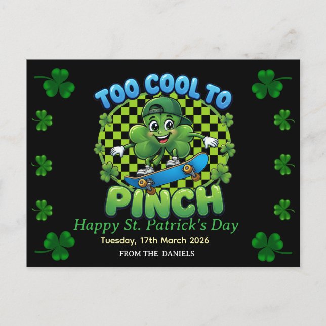 Too Cool to Pinch Skateboard Shamrock St. Patricks Vykort (Framsida)