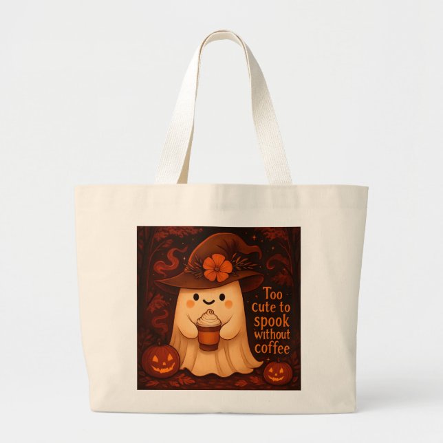 Too Cute to Spook Without Coffee – Halloween Ghost Jumbo Tygkasse (Framsidan)