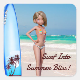 Toon Surfer Girl Poson på Seashore Fyrkantigt Klistermärke
