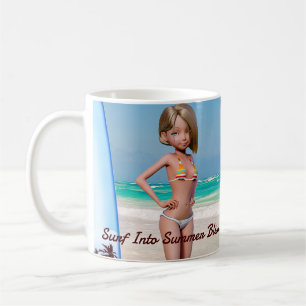 Toon Surfer Girl Poson på Seashore Kaffemugg