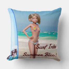 Toon Surfer Girl Poson på Seashore Kudde